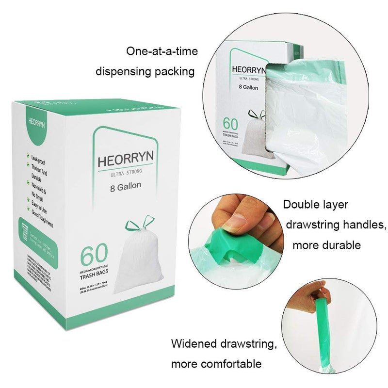 HEORRYN 8 Gallon Drawstring Trash Bags-0.79 Mil Ultra Strong Medium Trash Can Liners for Kitchen/Office, Unscented White Garbage Bags, 60 Count - Image 4